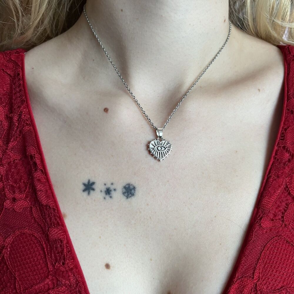 Dainty Silver Evil Eye Heart Necklace 16 Inches Bohemian Whimsigoth Feminine Y2K